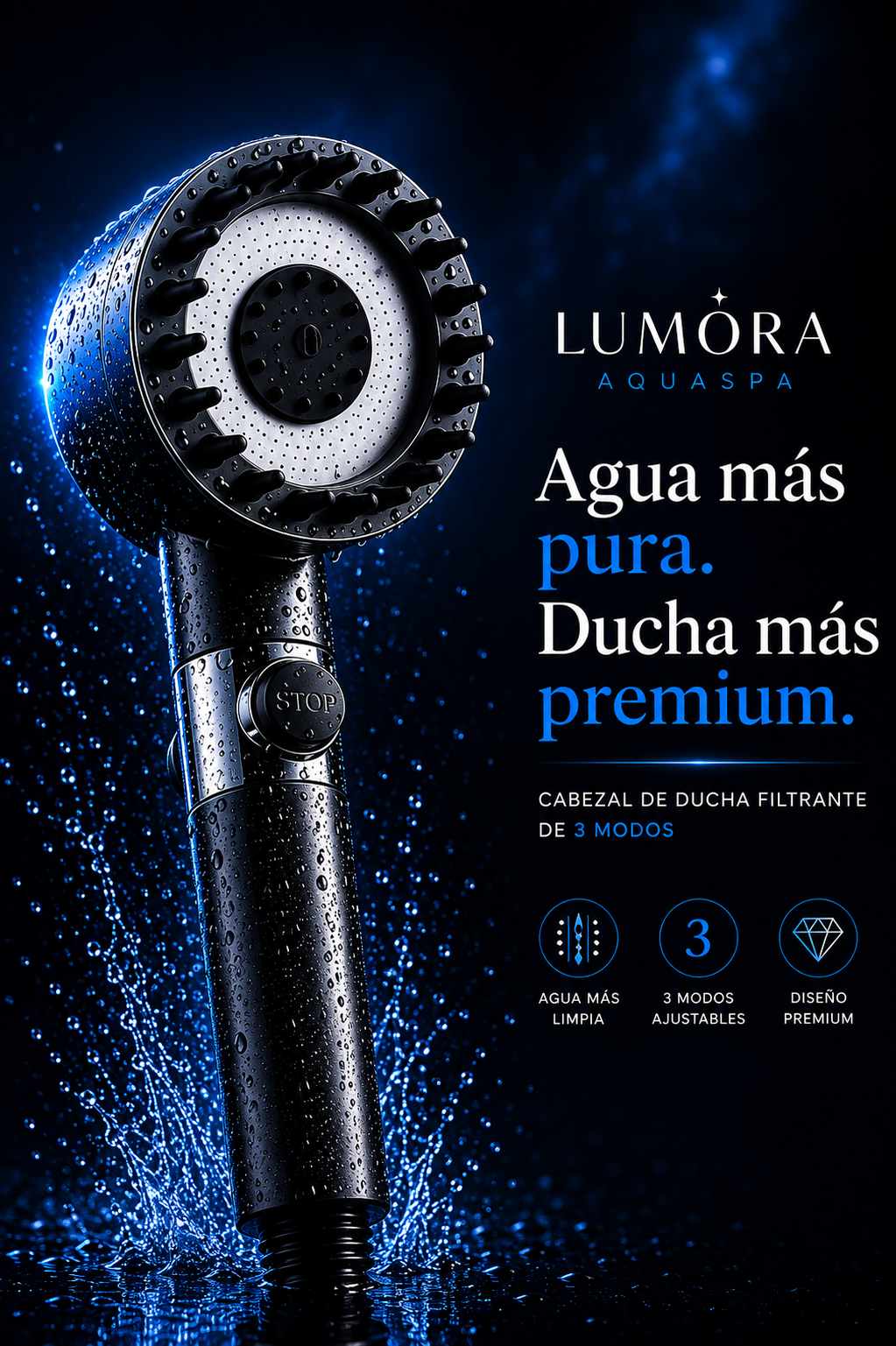 LUMORA AquaSpa - Cabezal de ducha filtrante de 3 modos