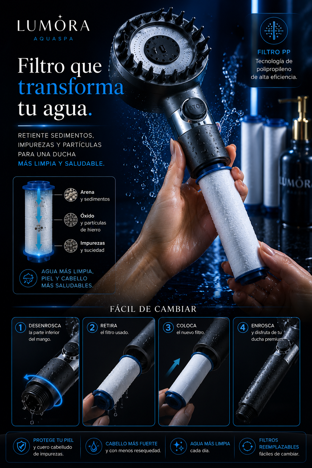 LUMORA AquaSpa - Cabezal de ducha filtrante de 3 modos