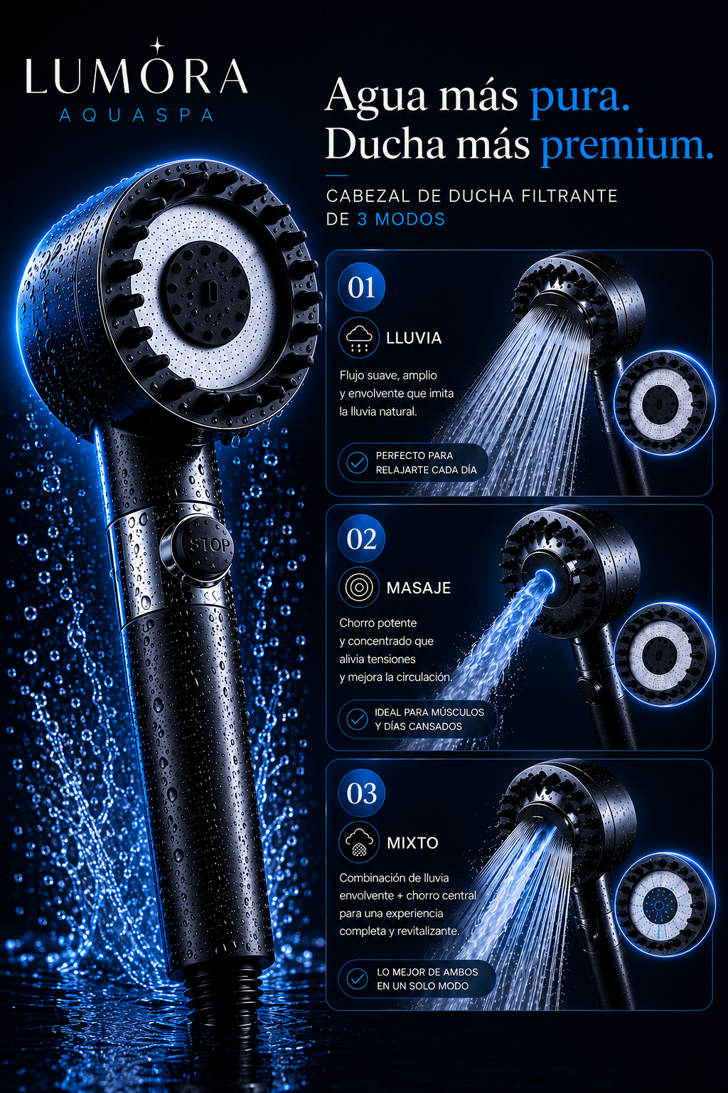LUMORA AquaSpa - Cabezal de ducha filtrante de 3 modos